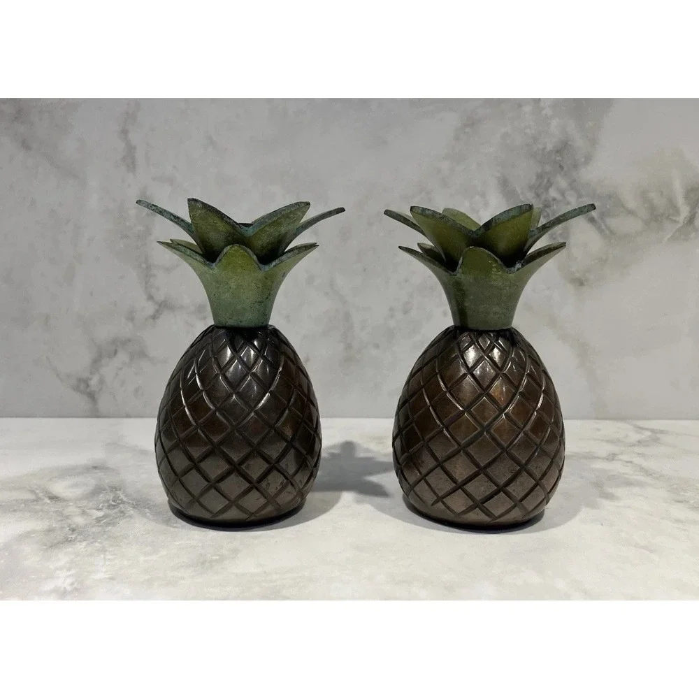 2 Tommy Bahama Pineapple Candle Holder Caribbean Decor Brass Candlestick Taper‎